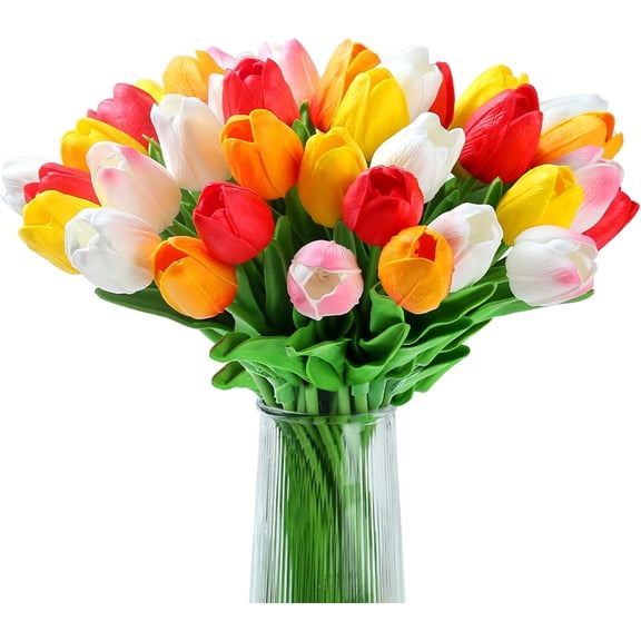 Duslogis 30pcs Real Touch Tulips Artificial Flowers for Decor Fake Tulips Fake Flowers Floral Arrangements Artificial Faux Tulips Decor for Table Home Decor Baby Shower Centerpieces (Colorful B)
