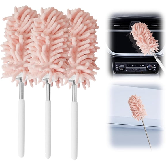 Duslogis 3Pcs Pink Retractable Microfiber Duster for Cleaning Extendable Washable Hand Duster Feather Duster Cleaning Tool for Cleaning Office, Car, Window, Computer, Air Condition