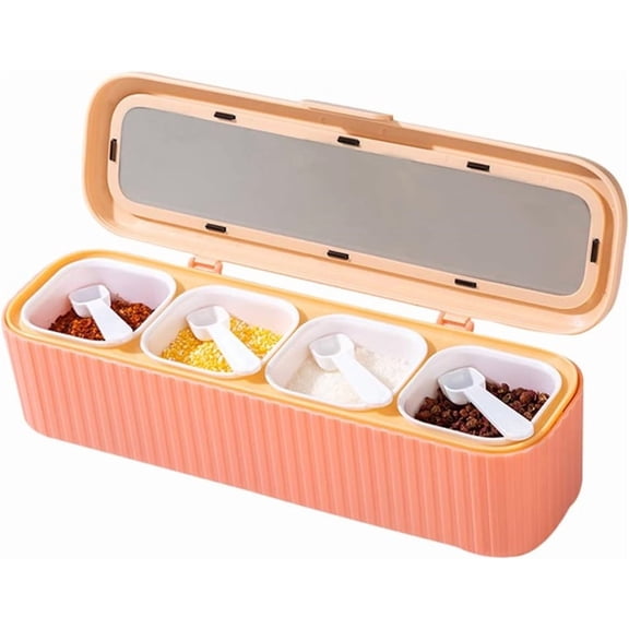 Duslogis 4 Compartments Seasoning Box with Spoons and Clear Lid, Spice Jars Condiment Containers Seasoning Organizer for Kitchen to Storage Salt, Paprika, Sugar, Pepper (Pink)