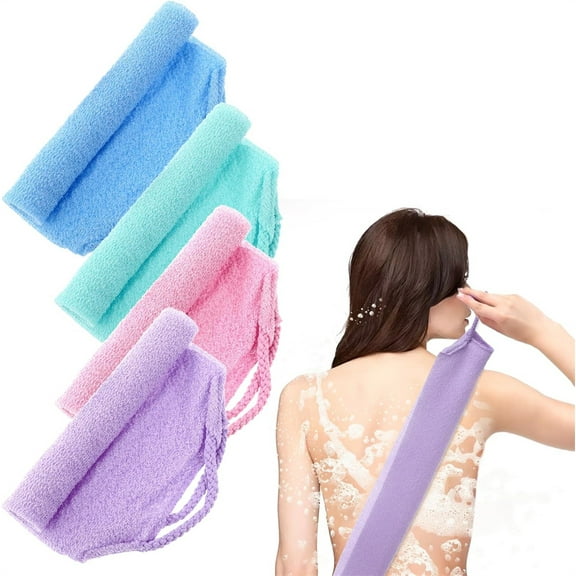 Duslogis 4 Pack Exfoliating Back Scrubber with Handles, Nylon Exfoliating Washcloth Stretchable Shower Body Scrub Towel for Face Back Cleans Skin Massages (Blue+Pink+Purple+Green)