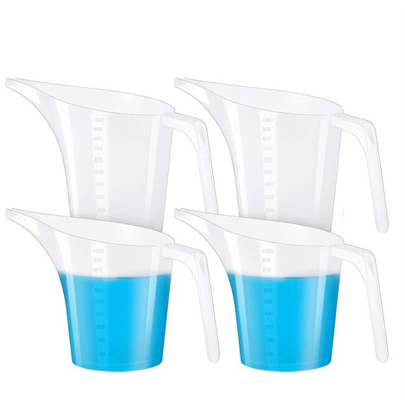 Duslogis 4 Pack Measuring Funnel Pitcher 33 oz Large Capacity Plastic Easy Pour Measuring Cup with Spout and Handle Soap Mixing Container for Bakeware Mold Cake Making Oil, Filling Muffin Pans