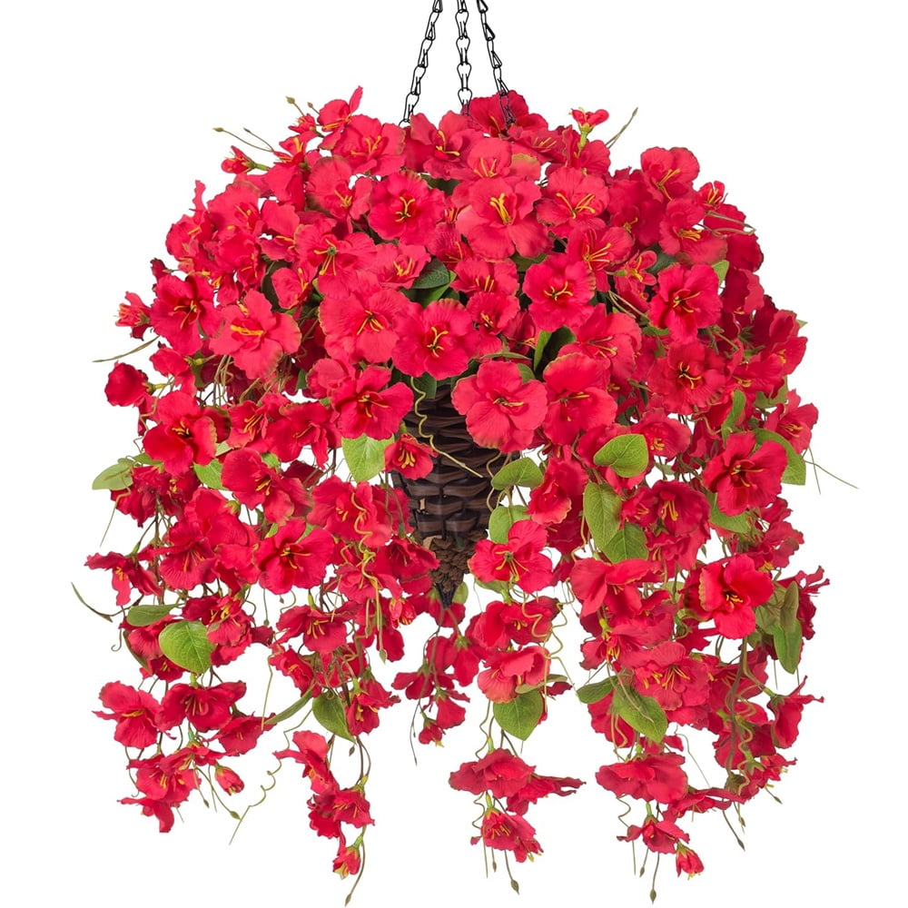 Duslogis 4 Pcs Artificial Hanging Flowers Plants for Outdoors Spring Summer Decoration, Fake Hibiscus Vines UV Resistance Realistic Silk Flowers for Outside Home Patio Porch Garden Wedding,Red