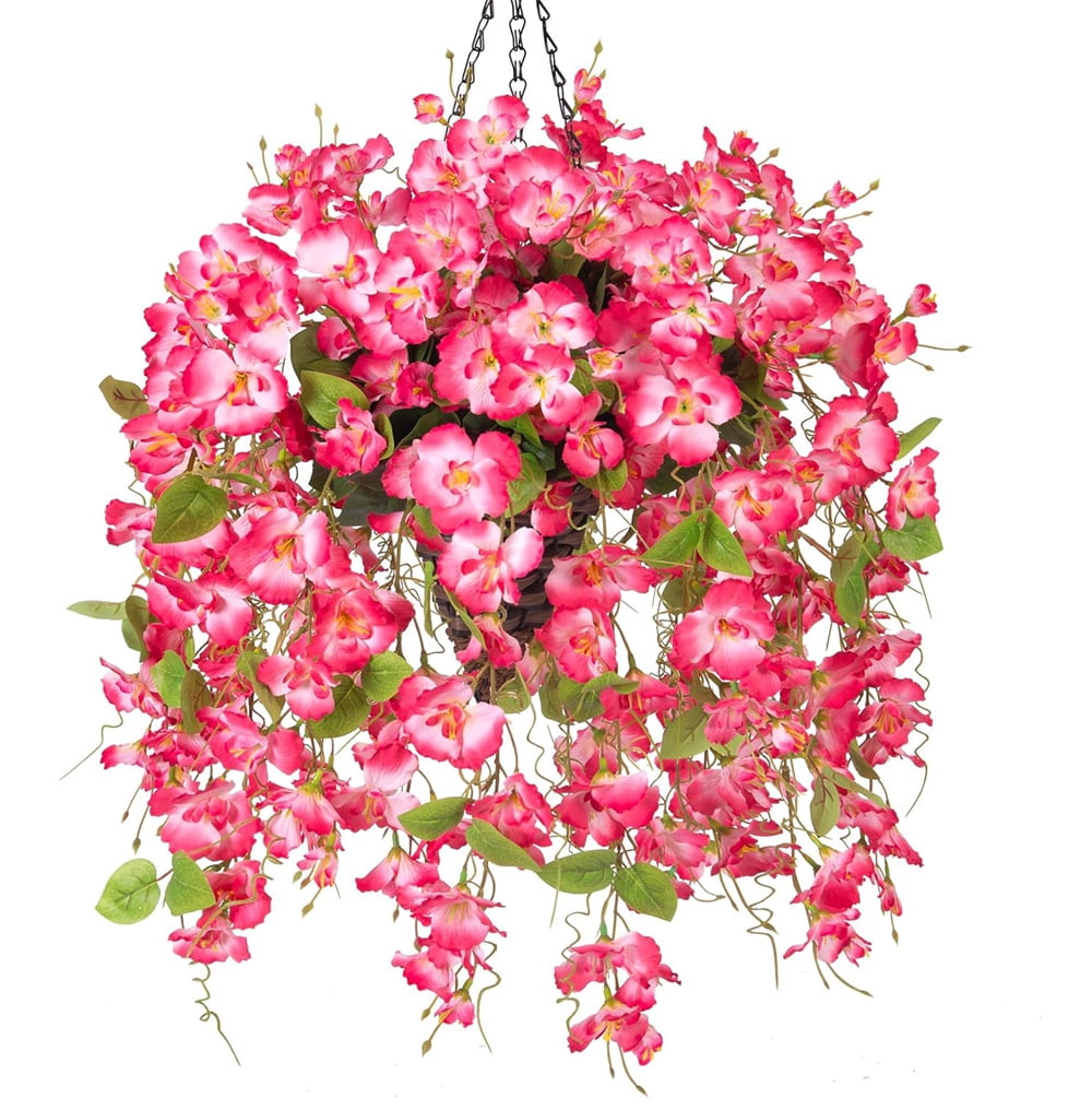 Duslogis 4 Pcs Fake Hibiscus Artificial Hanging Flowers Plants for Outdoors Spring Decor,Silk Hibiscus Vines Realistic UV Resistant Faux Flowers for Porch Patio Yard Home Wedding Party,Pink