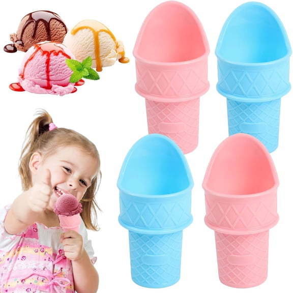 Duslogis 4 Pcs Ice Cream Cone Scoop, Mini Ice Cream Cones Reusable, Plastic Ice Cream Cones Kids Holder, Food Grade Ice Cream Plastic Cup Spoon For Birthday Party, Gifts For Kids