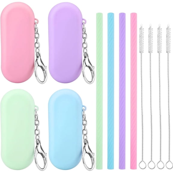 Duslogis 4 Set Silicone Straws with Case, Travel Drinking Straws Kit with Keychain Portable Foldable Straws with Cleaning Brush Reusable Household Straws Kit for Cold or Hot Drinks, 7.87 Inch
