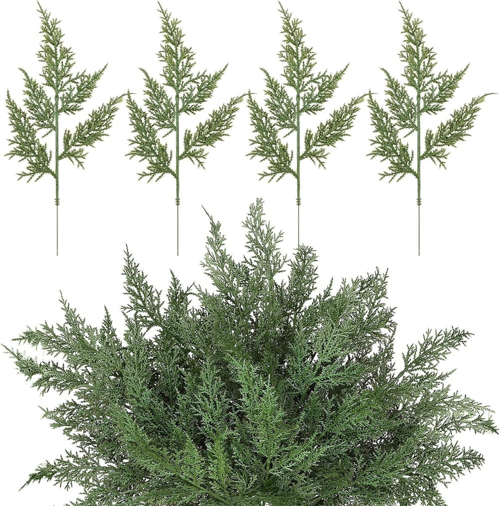 Duslogis 40 Pcs Christmas Artificial Pine Branches Faux Cedar Picks Floral Sprays 12 x 5.5 Inch Greenery Stems Pine Needles Twig for Xmas Vase Filler Home Garland DIY Wreath Decor (Green)