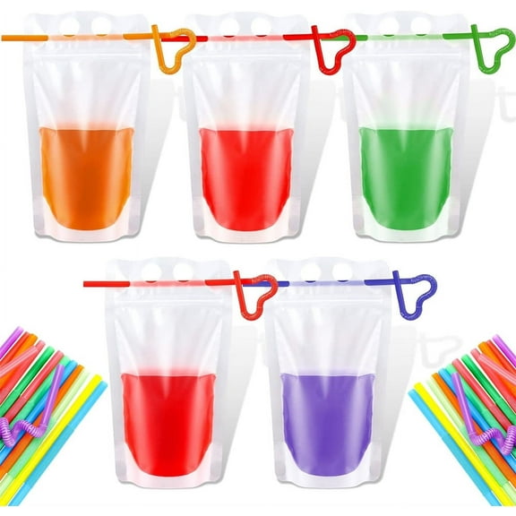 Artrylin 40 Pcs Drink Pouches with 40 Straw Holes, Freezable Juice Pouches, Translucent Reclosable Zipper Plastic Pouches Drink Bags for Cold & Hot Drinks for Adults and Kids (17oz)
