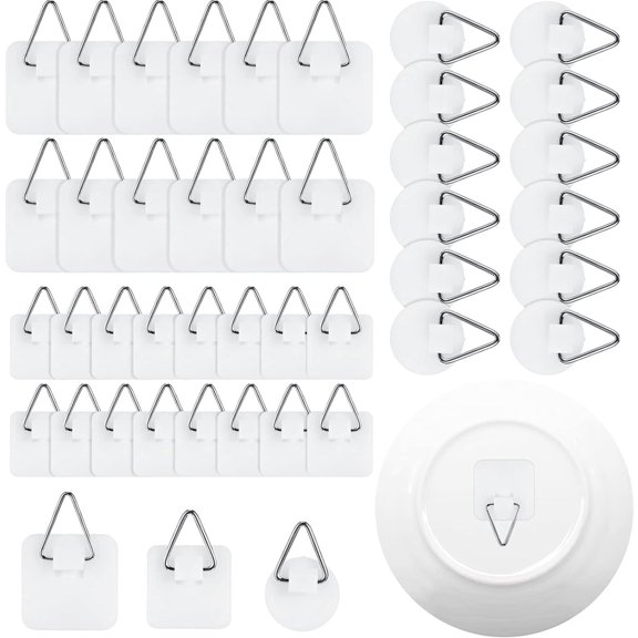 Duslogis 45pcs Round & Square Adhesive Plate Hangers, Invisible Vertical Wall Plate Holder Decorative Plastic Small Plate Hook Display Wall Mount Hanging Pictures Garland Art Decor No Nails