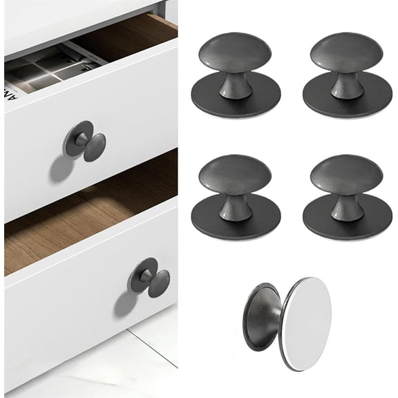 Duslogis 5-Pack Self-Adhesive Cabinet Knobs, No-Drill Self-Stick Drawer Knobs for Dressers, Kitchen, Glass Cabinets, Closets - Strong Adhesive Round Stainless Steel Stick on Handles (Black)