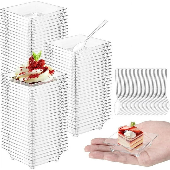 Duslogis 50 Pack 1 oz Mini Dessert Plates with Spoons Reusable Plastic Appetizer Trays Square Small Party Serving Bowls for Trifle, Cheesecake, Chocolate Truffles, Ice cream