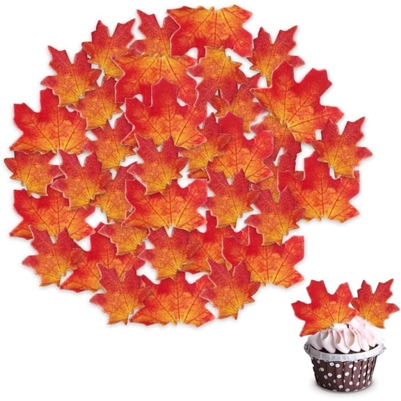 Duslogis 50 Pack Edible Fall Leaves Cupcake Cake Toppers Wafer Paper Autumn Maple Leaf Cake Decorations Thanksgiving Theme Cake Picks Wedding Birthday Baby Shower Party Decor (Style 2)