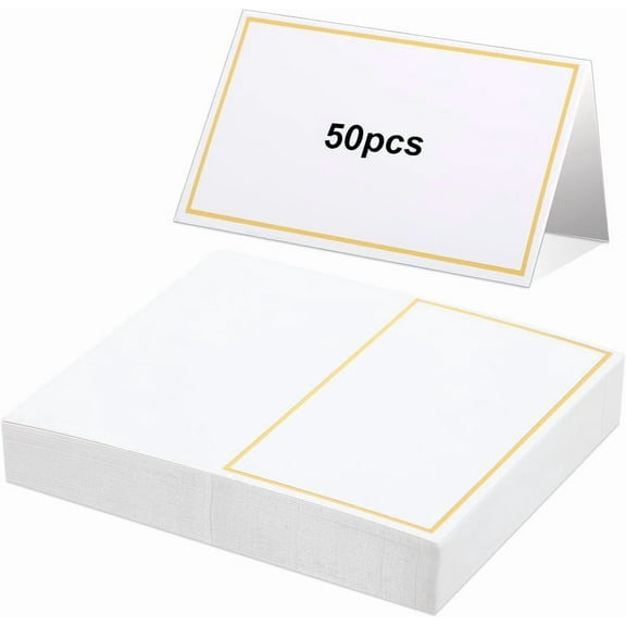 Duslogis 50 Pcs Name Place Cards with Foil Border Blank Escort Small Table Tent Cards for Party Table Seating Weddings Banquets Dinner Birthday Events, 2 x 3.3 Inch(Gold)