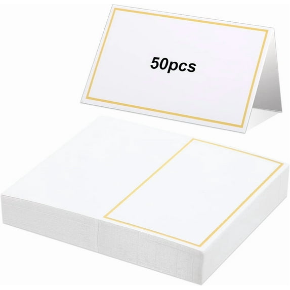 Duslogis 50 Pcs Name Place Cards with Foil Border Blank Escort Small Table Tent Cards for Party Table Seating Weddings Banquets Dinner Birthday Events, 2 x 3.3 Inch(Gold)