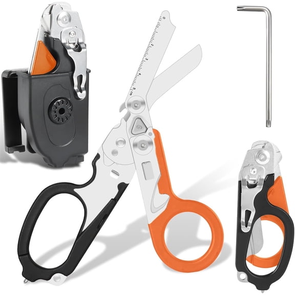 Duslogis 6 in 1 Trauma Shears, Multifunction Safety Tool with Seat Belt Cutter, Glass Breaker, Oxygen Tank Wrench, Ring Cutter and Ruler for Outdoor Camping, Hiking Emergency (Black&Orange)