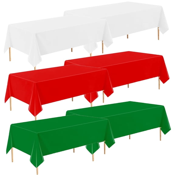 Duslogis 6 Pack Christmas Plastic Tablecloth, 54 x 108 Inch White Red Green Disposable Rectangle Waterproof Table Cloths for Christmas Parties Decorations Picnic Birthday