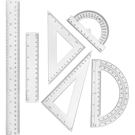 Duslogis 6 Pcs Plastic Ruler Math Set Includes 12 Inch 6 Inch Straight Protractor Triangle Geometry Transparent Math Ruler Measuring Tools for Office Home (Clear)