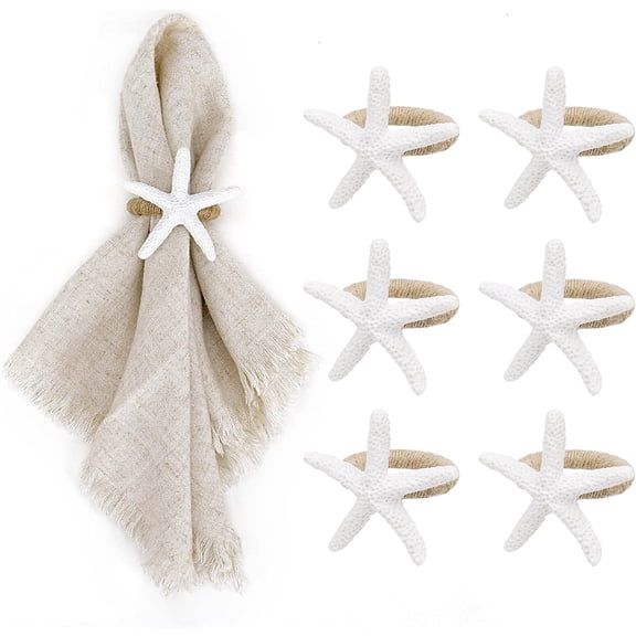 Duslogis 6pcs Starfish Napkin Rings White Sea Star Napkin Rings Bulk for Coastal Beach Dinning Table Decoration, Cute Napkin Ring Holders for Party Gathering Banquet Wedding Birthday (White)
