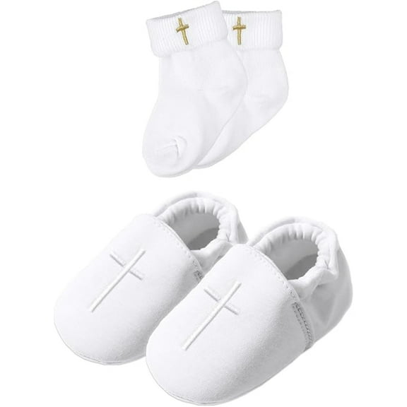 Duslogis Baby Boys Baptism Shoes with Embroidered Cross, Infant Toddler Soft Sole White Christening Sneaker (3-6 Months)