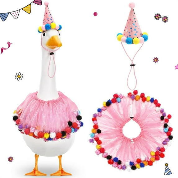 Duslogis Birthday Porch Goose Outfit Lawn Clothes Hat and Tutu Collar Plastic Outfits for 23" 17" Cement Goose Outdoor Garden Lawn Art Decor (Pink)