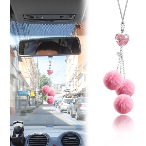 Duslogis Bling Car Accessories for Women & Men - Diamond Heart & Fuzzy Plush Ball, Rhinestone & Diamond Rear View Mirror Ornaments, Lucky Hanging Pendant Interior Charm Decor (Pink)
