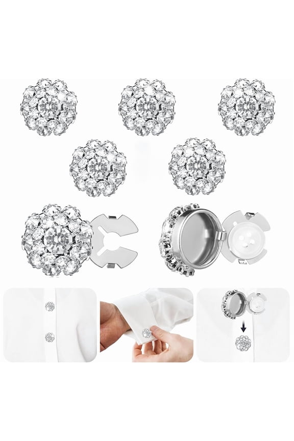 Button Covers for Women Blouses 5 Pcs, Silver Rhinestone Button Covers for Men - Button Covers for Clothes, Shirts, Jeans - Easy to Use, Reusable Stylish Buttons Cover Set for Clothing