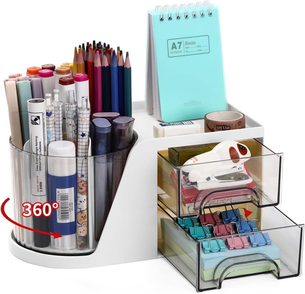 Duslogis Desk Organizer with 2 Drawer, 360°Rotating Pen Holder for Desk, Desk Organizers and Accessories with 6 Slots Pencil Organizer, Art Supply Storage Box Caddy for Office (White)