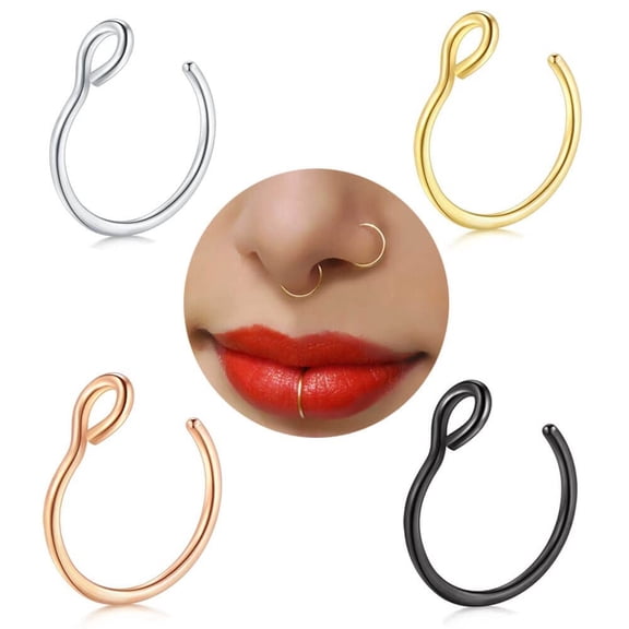 Duslogis Fake Nose Ring Hoop Set,Faux Piercing Jewelry 20G 8mm Fake Nose Ring Hoop for Faux Lip Septum Nose Ring Set (4Pcs Set-Silver/Gold/Black/Rose)