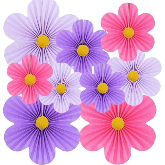 Duslogis Flower Party Decorations Paper Fans Classroom Decoration Paper Floral Backdrop Decor Paper Fans Decoration Hanging Paper Fans Purple Flower Wall Decor,Set of 9 (Purple Red)