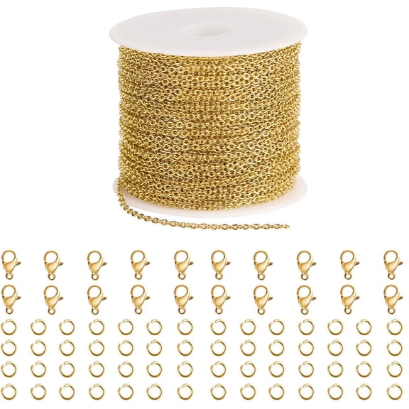 Duslogis Gold Metal Chains Bulk 16.4 Feet Unfinished Cable Chain Roll for DIY Jewelry Bracelet Necklace Making with Lobster Clasps Jump Rings, 2.4mm