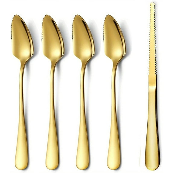 Duslogis Grapefruit Stainless Steel Flatware Set, 4 Grapefruit Spoons, 1 Grapefruit Knives, Grapefruit Spoons and Knives with Serrated Edge, Suitable for Cutting all Kinds of Fruits (Gold)