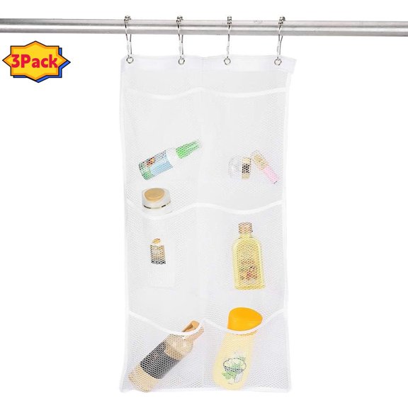 Duslogis Hanging Shower Curtain Caddy Organizer with Quick Drying Mesh,6 Pockets to Hold Toiletries, Shampoos, Soaps and Poufs, 3 Pack
