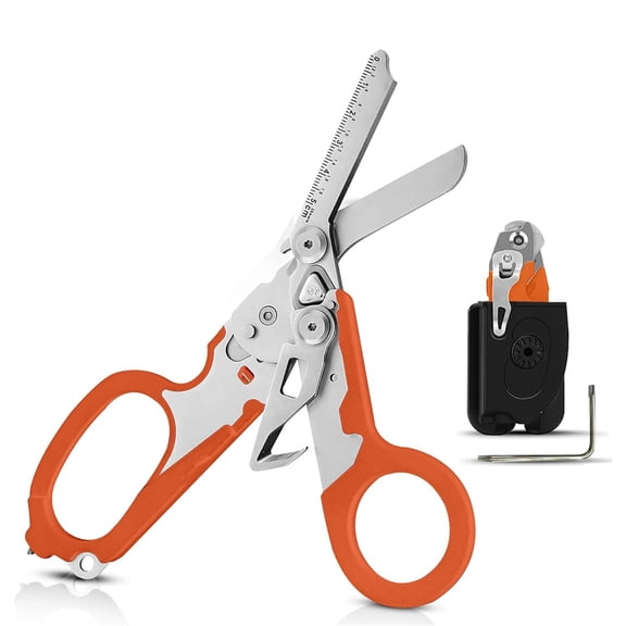 Duslogis Heavy Duty 6 in 1 Multipurpose Emergency Trauma Shears Scissors with Holster - Outdoor Camping Rescue Tools with Glass Breaker & Strap Cutter Stainless Steel (Black&Orange)