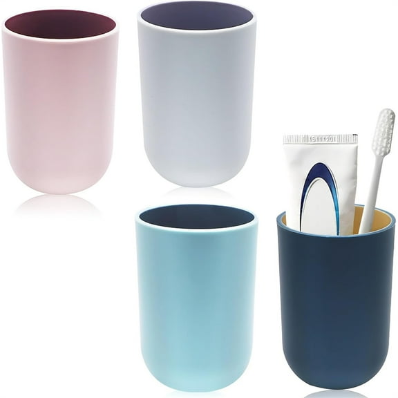 Duslogis Household Unbreakable Reusable Drinking Cup Set 4 Colors, Plastic Toothbrush Cup 300 ml (10 oz) Dishwasher Safe (Light Blue & Navy & Light Pink & Light Grey)