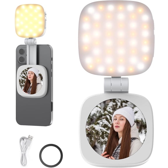 Duslogis Magnetic Selfie Light for Phone: 5 Led Mode with Mirror Compatible for iPhone & Android - Rechargeable Portable Fill Light for Photography/Video Recording/Conference/Vlog (White)
