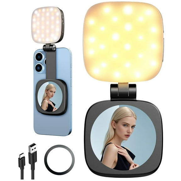 Duslogis Magnetic Selfie Light for iPhone with Mirror,Retractable Foldable Pocket Size Mini Ring Light for Phone,Dimmable Fill LED Phone Light for Video Recording/Live Streaming/Vlog, Black