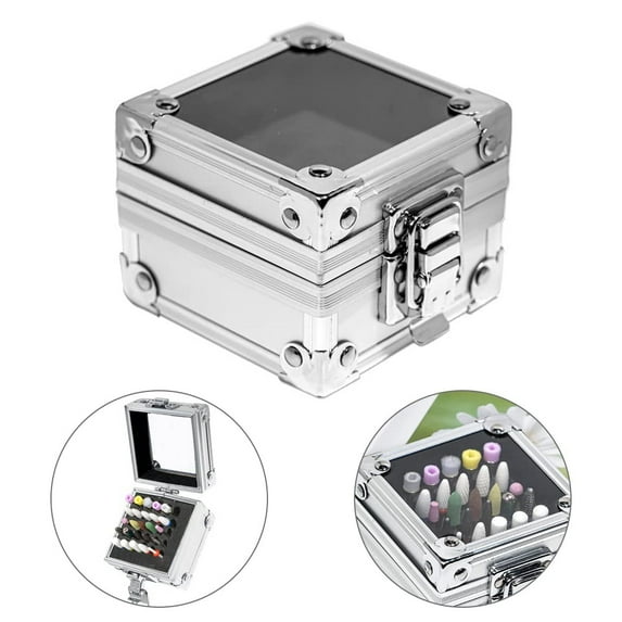 Duslogis Nail Drill Bit Holder Storage Box,Aluminum Alloy Drill Bit Display Storage Box Nail Drill Bit Holder Organizer with Lock Professional Manicure Tools Display Case for Nail Bits (Silver)