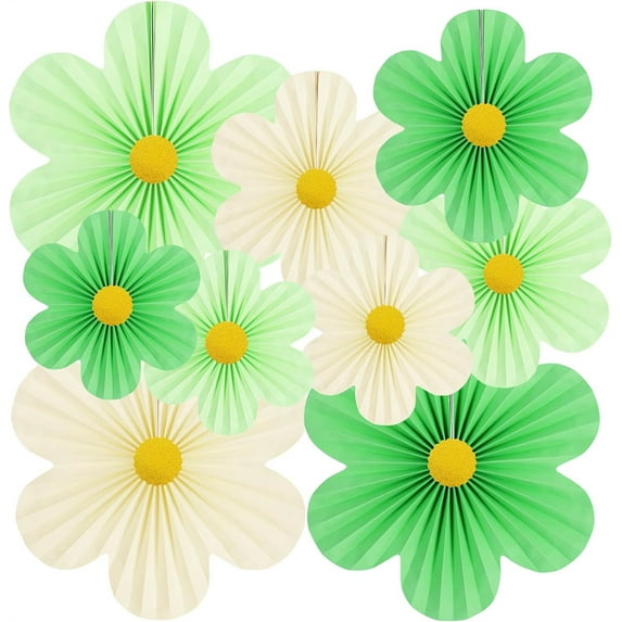 Duslogis Paper Flowers Decorations Green Hanging Party Decorations Paper Fans Birthday Wedding Graduation Baby Shower Irish Party Saint Patricks Day Decor, Set of 9 (Green Beige)