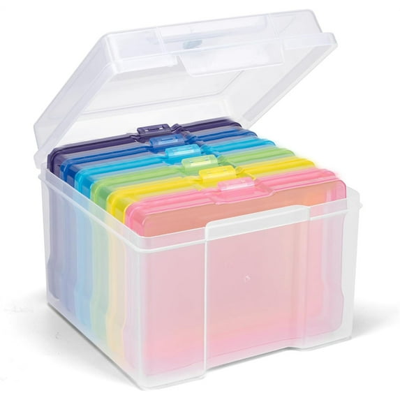 Duslogis Photo Storage Box - 4 x 6 Inch - Clear Plastic with 6 Multicolor Inner Cases - Snap-Close Photo Cases & Sticker Containers for Crafts