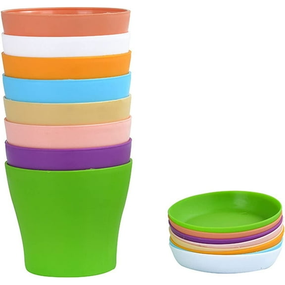 Artrylin Plastic Planters Indoor Set of 8 Flower Plant Pots Decorative Gardening Pot with Drainage and Saucer for All House Plants, Herbs, Foliage Plant and Seeding Nursery Pots (4.7", Multicolor)