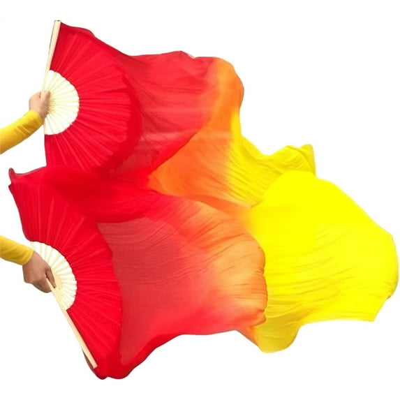 Duslogis Professional Belly Dance Fans Veils Pair (Left+Right),150x90cm Faux Silk Fan Veils for Oriental Dance Performances Stage Shows（Red-Orange-Yellow）