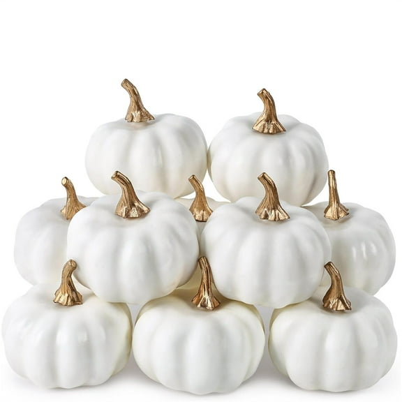 Duslogis Pumpkin Decor Set of 12 Artificial Fake Faux Foam Light Pumpkins Rustic Farmhouse Harvest Thanksgiving Mantel Table Centerpiece Autumn Fall Home Decoration (White)