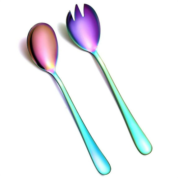 Duslogis Rainbow Salad Server Set 2 Pieces, Titanium Rainbow Plating Stainless Steel Salad Serving Set, Salad Spoon, Salad Servers, Salad Fork, Dishwasher Safe (Rainbow)