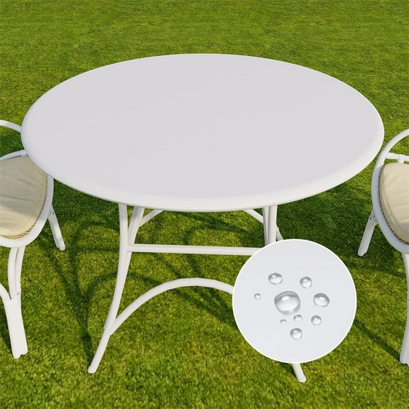 Duslogis Round Table Cloth, Reversible Waterproof Stain Resistant Elastic Stretch Tablecloth, Wipe Clean Table Cover for Outdoor/Indoor Use, Fits Round Tables up to 36" - 44" Diameter, Beige