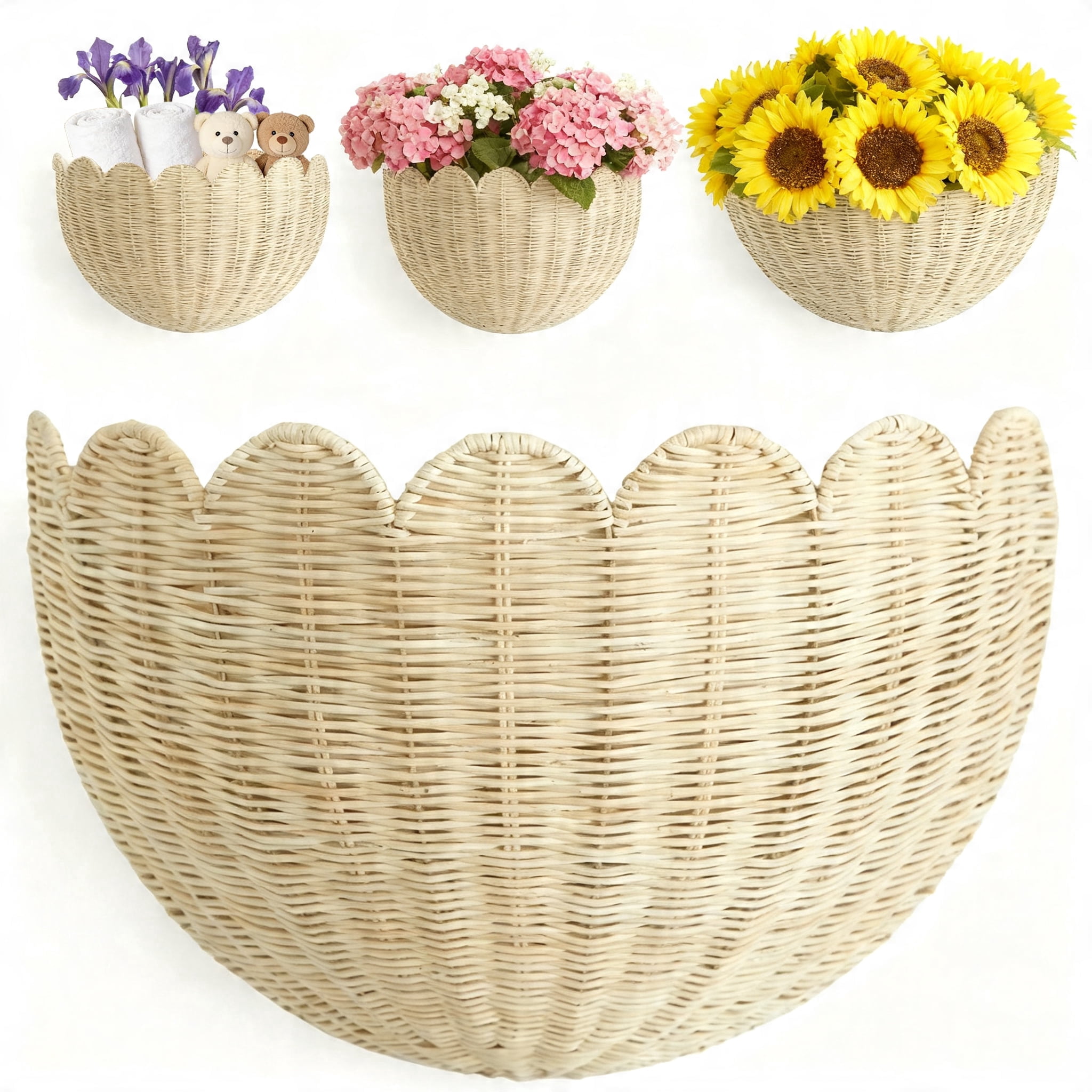 Duslogis Scalloped Hanging Wicker Baskets for Wall, Scalloped Home Decor, Hanging Woven Rattan Wall Basket for Flowers Front Door Bathroom Storage (15.8 x 9.8 x 6.7 Inch)