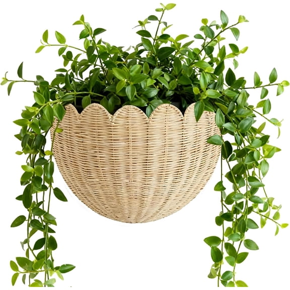 Duslogis Scalloped Wicker Wall Basket - Hand Woven Basket - Scalloped Décor Wall Hanging Baskets -14.2 x 7.8 x 5.7 Inch - Hanging Wall Basket