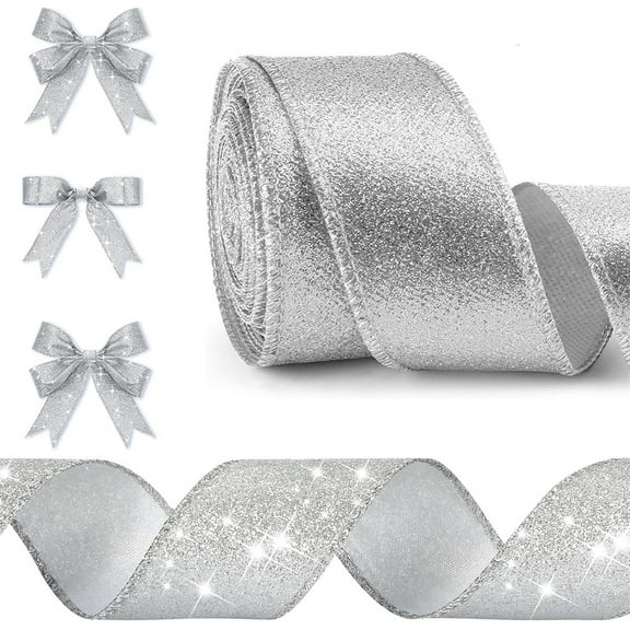 Duslogis Silver Glitter Wired Ribbon for Chritmas Tree Gift Wrapping 2.5 Inch×10 Yds Wide Sparkle Christmas Ribbon Wired for Wreath Bows, Party Decor, Holiday Centerpiece, Wedding Garland