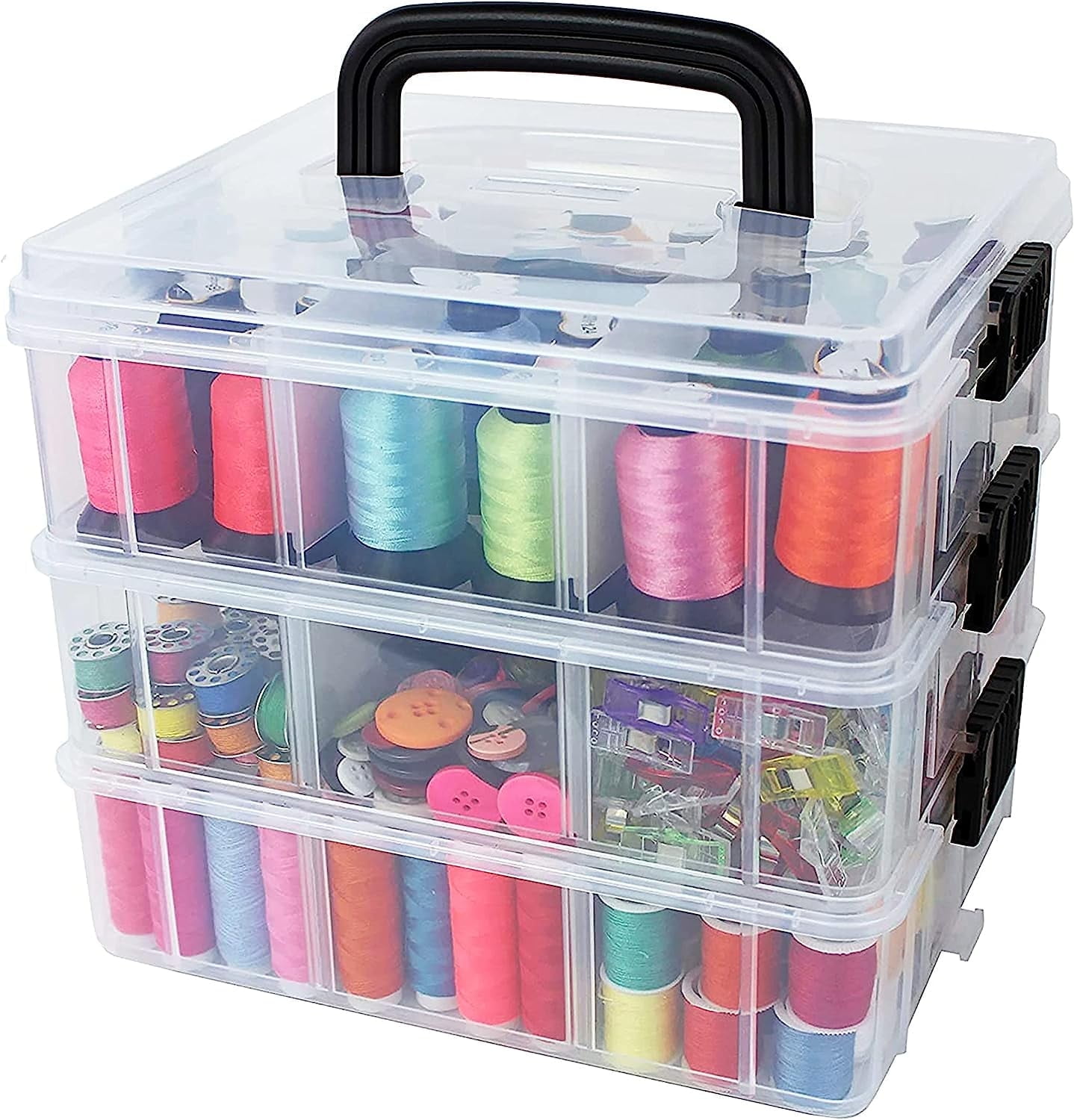 Duslogis Stackable Toys Organizer Storage Case Compatible with 18 Adjustable Compartments - 3-Tier Portable Adjustable Box w/Carrying Handle, Clear
