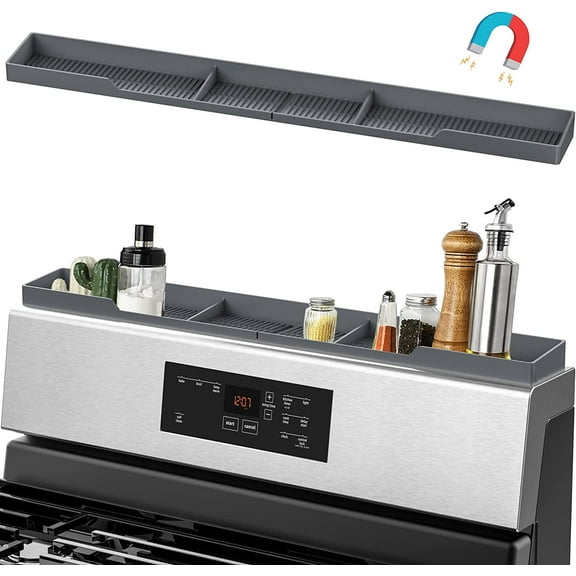 Duslogis Stove Top Shelf 30", Silicone Material Magnetic Shelf for the Stove - 3 Functional Partitions Kitchen Spice Rack Organizer - Gray