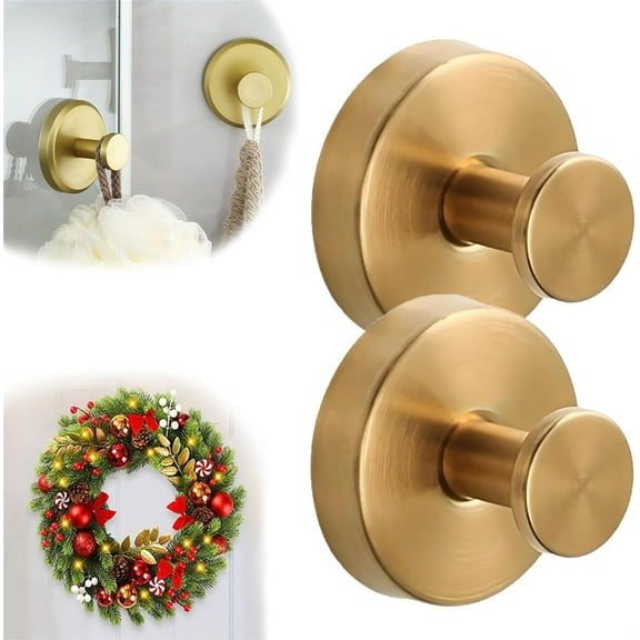 Duslogis Suction Cup Hooks for Door Wreaths, Multipurpose No Drill Heavy-Duty Suction Cup Hooks for Shower, Hanging Towels, Bathroom, Shower Doors, Tile, Mirrors, Holiday Use (Gold, 2Pcs)