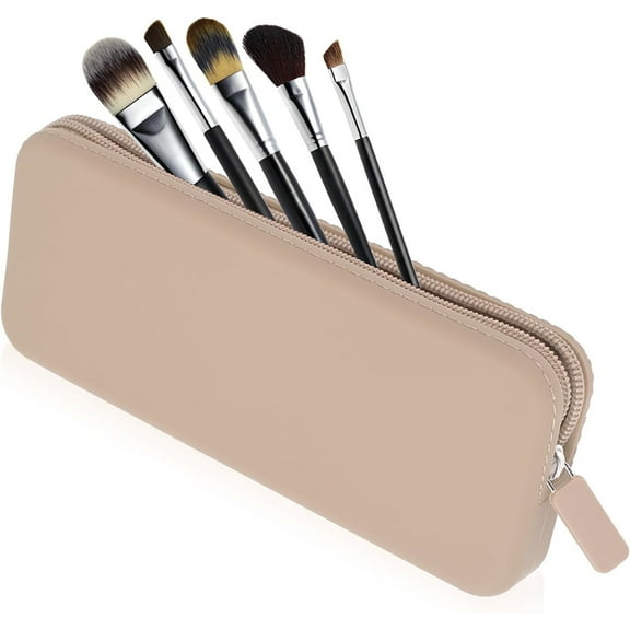 Duslogis Travel Makeup Brush Holder - Zipper Anti-Fall Out Silicon Cosmetic Pouch, Makeup Tools Organizer For Travel (7.8 * 3.1 * 1 inches, Kahaki)